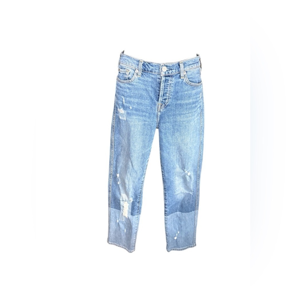 7 For All Mankind Edie High-Rise Patchwork Straight Ankle blue jeans sz 26 - Picture 4 of 13